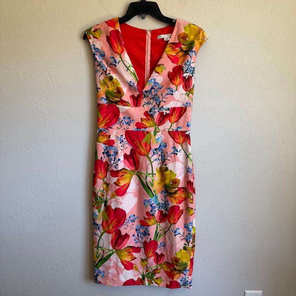 Kay Unger Pink Mixed Floral Print V-Neck Knee Length Sheath Dress Womens 4